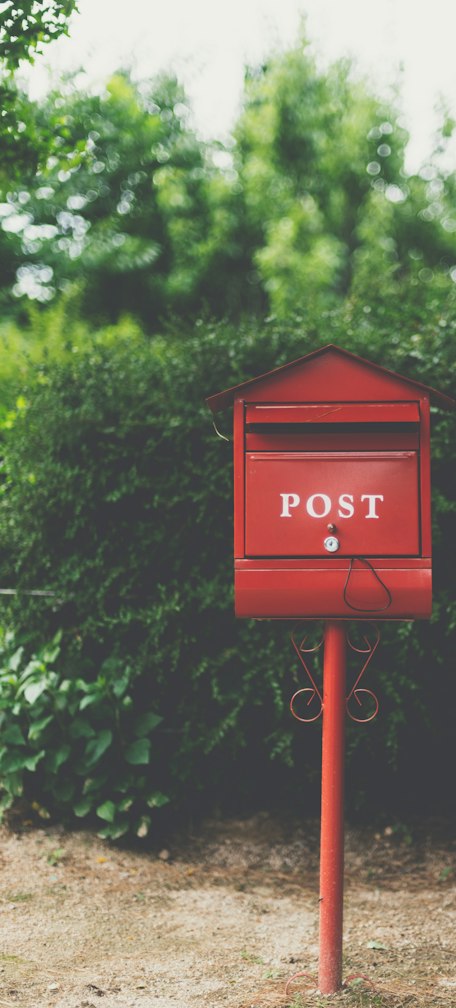 red wooden mailbox near green leaf plant