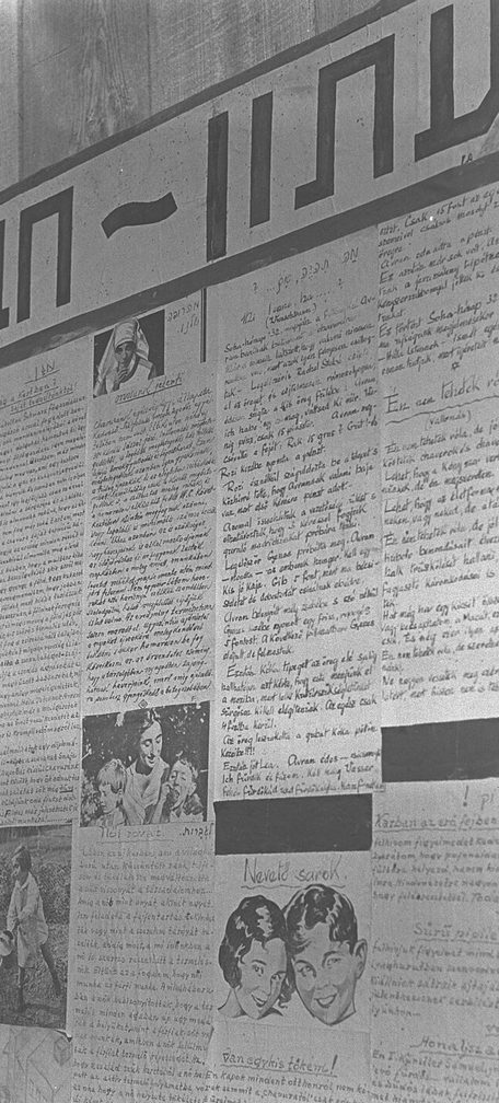 A MULTILINGUAL NEWSPAPER ON THE BILLBOARD OF THE "EIN GANIM" IMMIGRANTS CAMP. עיתון רב לשוני בלוח המודעות של מ