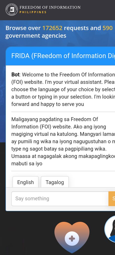 FRIDA (FReedom of Information Digital Assistant) welcome interface (May 2023)