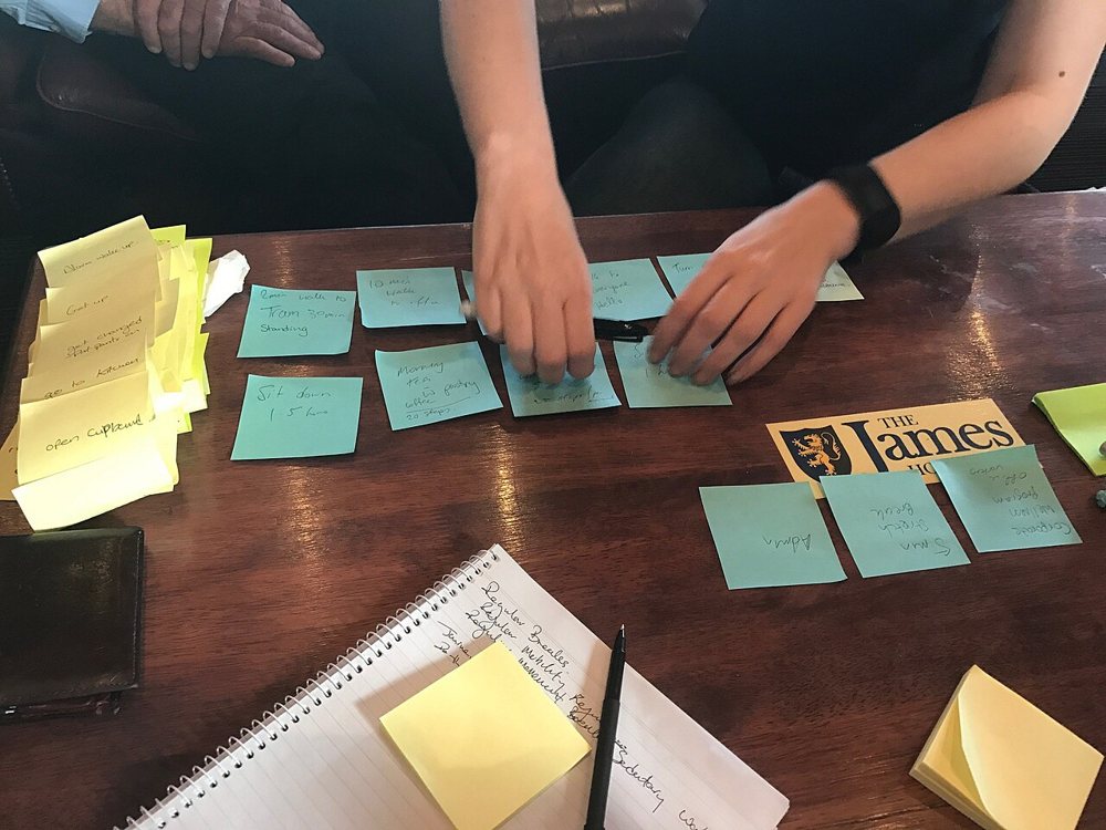 Hands sorting sticky notes in a working session