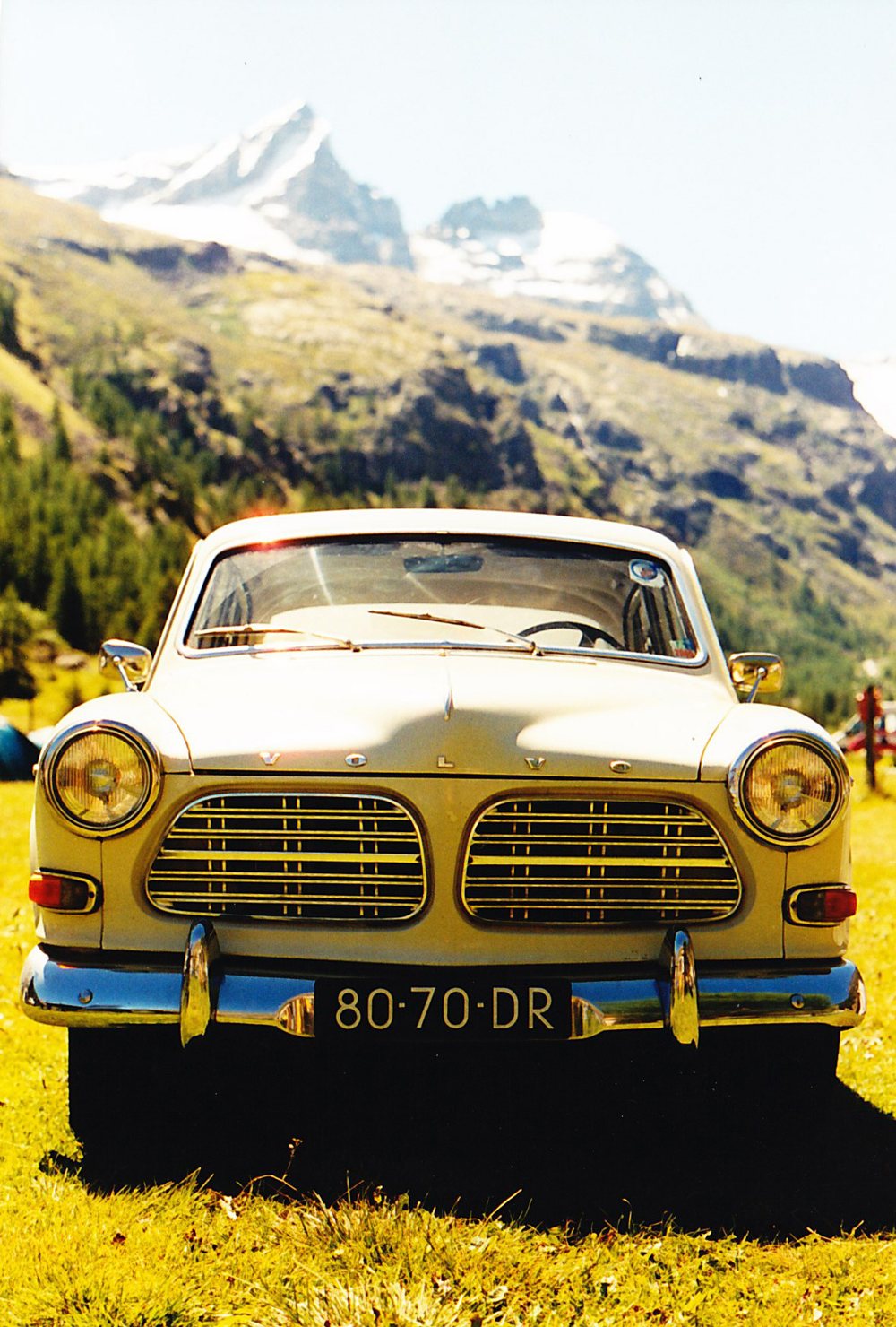 A classic Volvo crossing the Simplon Pass in Switzerland
