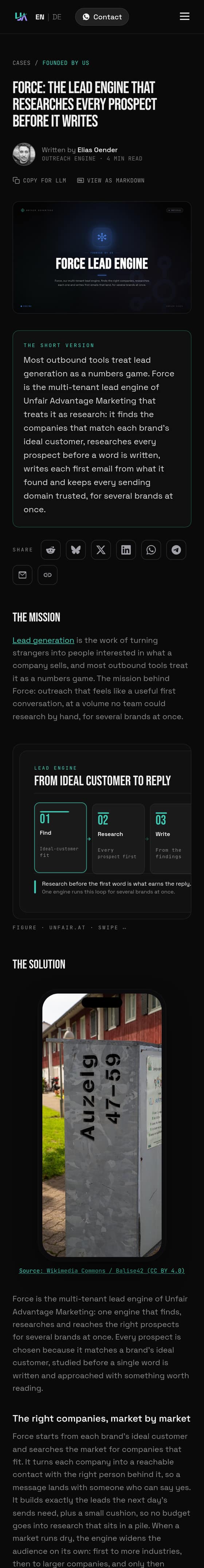 Outreach (Force, LinkedIn): phone screen capture of one of our own pages